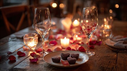 Romantic dinner setting with candles, chocolates, rose petals, and wine glasses for two. AI-generated image Valentine's Day