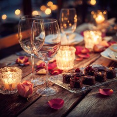 Romantic dinner setting with candles, chocolates, rose petals, and wine glasses for two. AI-generated image Valentine's Day