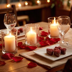 Romantic dinner setting with candles, chocolates, rose petals, and wine glasses for two. AI-generated image Valentine's Day