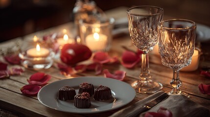 Romantic dinner setting with candles, chocolates, rose petals, and wine glasses for two. AI-generated image Valentine's Day