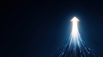 A glowing white arrow rising on a dark blue background symbolizes investment success, business growth, and upward momentum.
