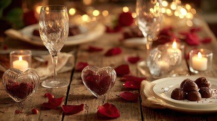 Romantic dinner setting with candles, chocolates, rose petals, and wine glasses for two. AI-generated image Valentine's Day