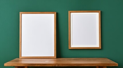 Two empty white picture frames with wooden borders against a green wall suggest modern interior styling, creativity, and customizable design.
