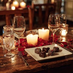 Romantic dinner setting with candles, chocolates, rose petals, and wine glasses for two. AI-generated image Valentine's Day
