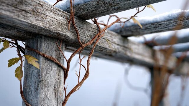 Timelapse of climbing vine twisting around rustic wooden structure in natural setting