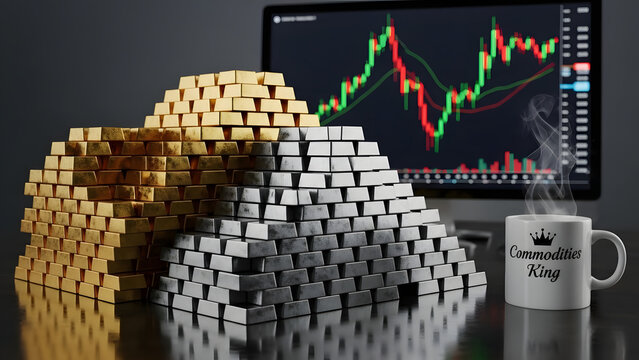 Commodities king coffee break with gold and silver bars