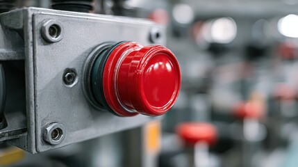 A red emergency stop button on industrial machinery represents urgent safety control, risk prevention, and operational protection.
