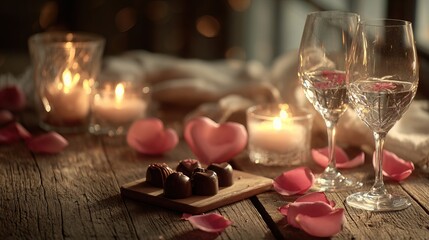 Romantic dinner setting with candles, chocolates, rose petals, and wine glasses for two. AI-generated image Valentine's Day