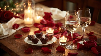 Romantic dinner setting with candles, chocolates, rose petals, and wine glasses for two. AI-generated image Valentine's Day