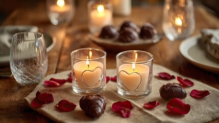 Romantic dinner setting with candles, chocolates, rose petals, and wine glasses for two. AI-generated image Valentine's Day