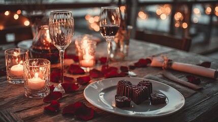 Romantic dinner setting with candles, chocolates, rose petals, and wine glasses for two. AI-generated image Valentine's Day
