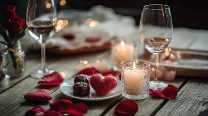 Romantic dinner setting with candles, chocolates, rose petals, and wine glasses for two. AI-generated image Valentine's Day