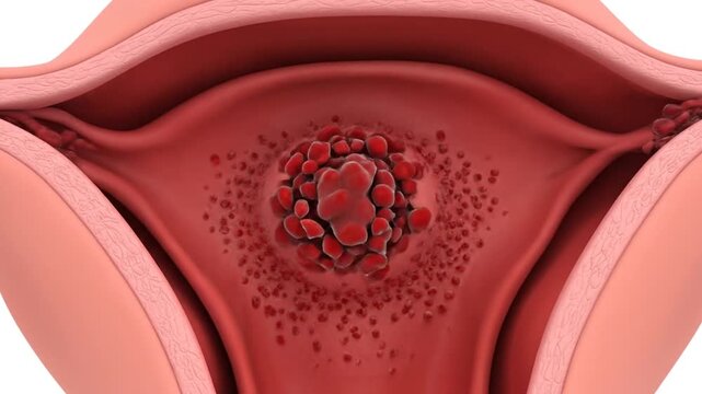 Illustration of uterine fibroids, also known as leiomyomas, a benign tumor in the uterus.