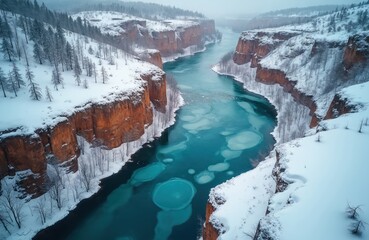 Frozen river carves through snow covered canyons. Ochre mountainsides contrast with teal icy water and white frost. Bare trees cling to steep inclines. Winter wilderness landscape unfolds.