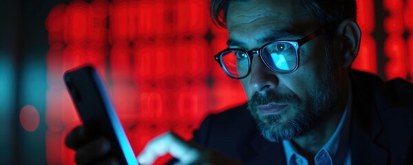 Man in glasses uses phone with red lights background. He looks concerned about data security breach. Businessperson faces cyber threat or crisis at night.