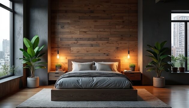 Urban loft bedroom with wood panel wall, king bed, plants, and large windows. Industrial style interior offers warm lighting and city views. Minimalist, cozy, masculine apartment design.