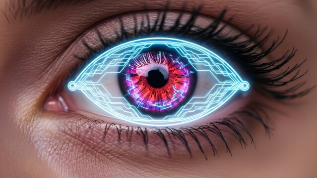 A woman's blue eyes, drawn with digital light lines. Concept of biometric scanning for cybersecurity. Future technologies in data processing and access control. - Powered by Adobe