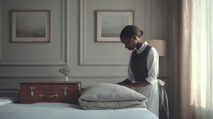 Young woman in a hotel room. she is wearing a white apron and is standing in front of a bed with white sheets. on the bed, there is a brown suitcase with a handle and a lock on top.