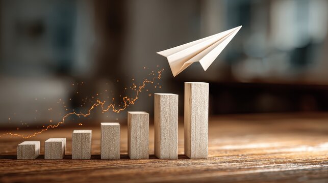 A paper airplane rising above a wooden bar graph symbolizes rapid progress, innovation, and creative business growth.
