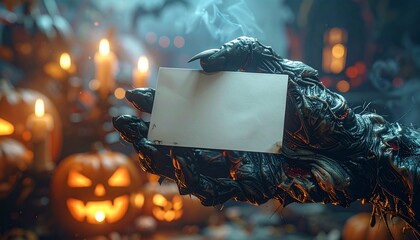 A monster's hand holds a blank card amidst Halloween pumpkins and candles