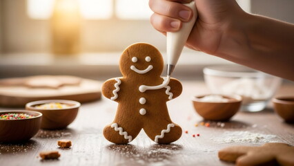 Hand of caucasian child or woman decorates gingerbread man with white icing, concept of Christmas holiday baking and cookie decorating for a festive season