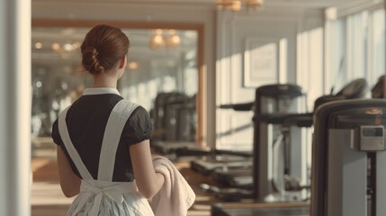 Young woman standing in a gym, holding a pink towel in her hand. she is wearing a black and white dress with a white apron tied around her waist.