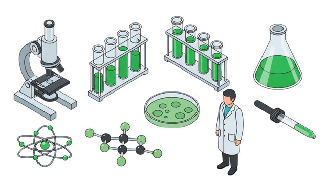 Science Laboratory Equipment Set with Microscope, Scientist, Test Tubes, Petri Dish and Atom Model