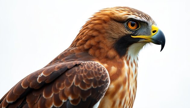 Close up profile of red tailed hawk bird. Bird of prey with brown feathers and sharp beak sits on white background. Intense orange eye watches. Raptor looks forward.