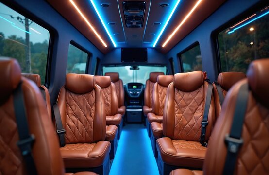 Luxury passenger van interior. Plush brown leather seats with seatbelts arranged in rows. Ambient blue and orange neon lighting on ceiling. View down aisle towards driver cabin.