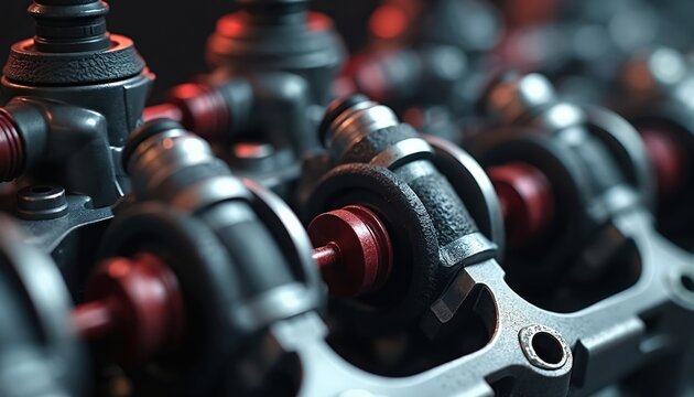 Closeup view of diesel engine fuel injectors and cylinder head. Mechanical parts for auto service and repair. Heavy industry machinery detail.