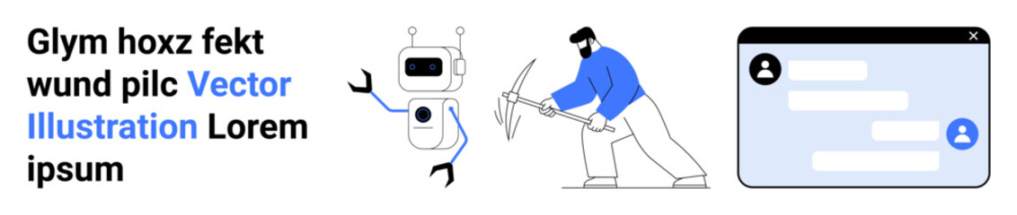 Obraz premium Artificial intelligence, technology, collaboration, communication, innovation, robotics. Scene of a human interacting with a robot and a chat window. Artificial intelligence and technology concept