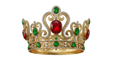 Golden Crown with Red and Green Gems. A royal accessory for a king or queen, symbolizing power, luxury, and monarchy.