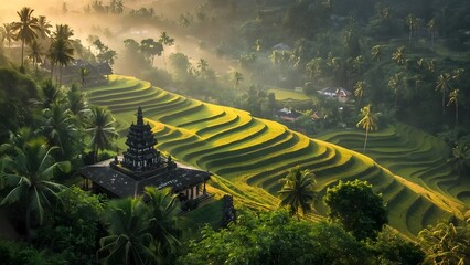 Serene view of lush green terraced rice fields in a tropical landscape with misty mountains 