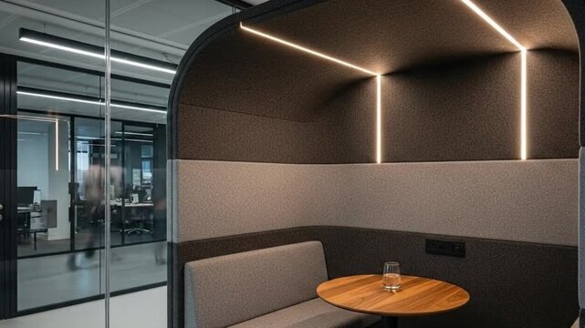 Acoustic Hush Pod Meeting Booth in Modern Office Interior with Soft Lighting Zoom In