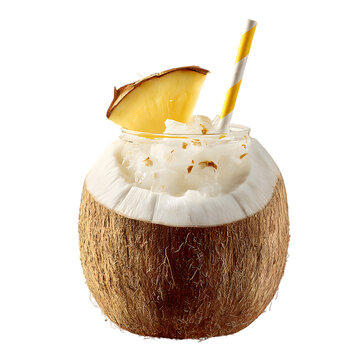 Coconut drink served in coconut shell with pineapple slice isolated on transparent background