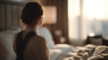 Young woman sitting on a bed with her back to the camera. she is wearing a white blouse and a black suspender belt.