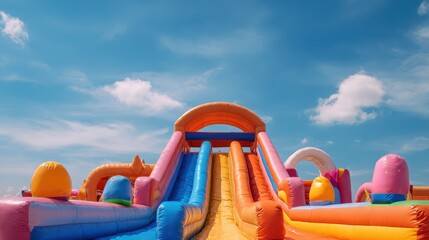 A colorful inflatable bounce house slide under a sunny sky represents outdoor fun, childhood joy, and playful entertainment.
