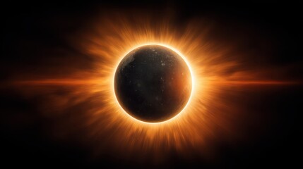 A total solar eclipse with a fiery corona and darkened moon symbolizes cosmic power, rare astronomical events, and universal wonder.
