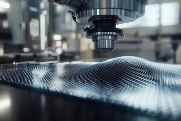 Close-up view of advanced machinery shaping a textured surface in a manufacturing facility