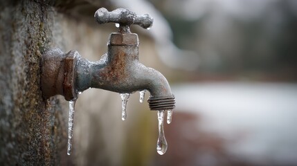 A frozen outdoor water tap with dripping water highlights winter cold, infrastructure vulnerability, and the importance of freeze prevention.

