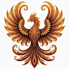 Obraz premium Samoan art style phoenix with ornate golden patterns, isolated on white background. Mythical bird symbolizes rebirth, strength, and eternity. Majestic creature spread wings wide.