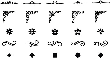 Set of vintage floral corners and dividers. Vector black ornamental flourishes and frame elements for classic document decoration. © ArtMint