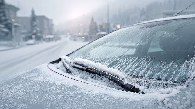 A car windshield covered in fresh snow with raised wipers symbolizes winter readiness, vehicle care, and preparation for icy conditions.
