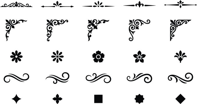 Set of vintage floral corners and dividers. Vector black ornamental flourishes and frame elements for classic document decoration.