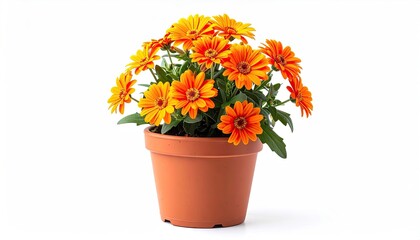 Orange Gazania Flowers in Terracotta Pot on White Background