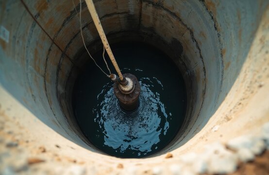 Submersible pump lowered into deep water well for extraction. Concrete structure holds dark water. Rope and pipe connect to motor, ready for fluid transfer. Residential or industrial supply system.