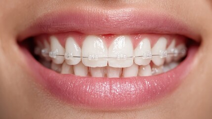 Fototapeta premium A mouth with orthodontic braces emphasizes dental alignment, oral health, and modern teeth straightening treatment for editorial use. 