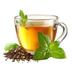 Freshly brewed tea with mint leaves and loose tea leaves isolated on transparent background