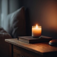 Single candle softly burning on a nightstand with a book in a cozy bedroom. AI-generated image