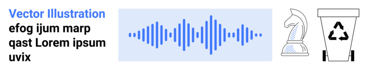 Obraz premium Audio technology, chess strategy, sustainability, recycling, sound design, decision-making. Blue soundwave, chess knight figure recycling bin icon. Explores audio and chess strategy concepts